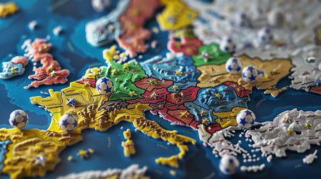Europe map outline composed of colorful 3D soccer balls on blue background. 3D soccer ball pattern. Football, geography, and tournament theme. Design for education.の素材