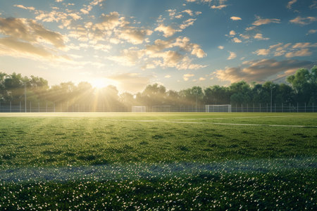 Photo-realistic illustration of a serene soccer field with morning dew and a sunrise in the background. Peaceful sports landscape.の素材
