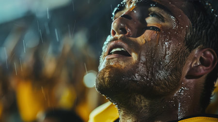 Close-up of a football player's face with joyful tears. Studio portrait. Emotion of sports victory and personal success conceptの素材