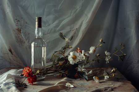 Wilted bouquet with vodka bottle, representing neglect and decay. Still life photography. Design for poster, card, banner.の素材