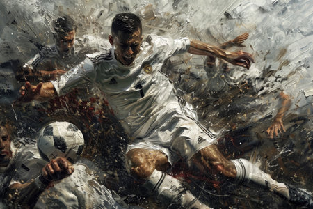 Action painting of a soccer player in motion on the field, dynamic brush stroke style. Sports and motion concept. Design for poster, banner, art print.の素材