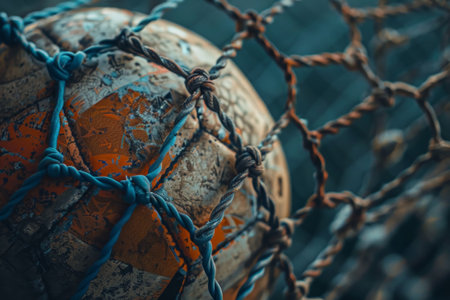 Macro shot of aged soccer ball texture caught in the netting of goal.の素材