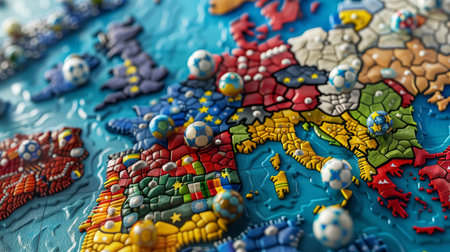Europe map outline composed of colorful 3D soccer balls on blue background. 3D soccer ball pattern. Football, geography, and tournament theme. Design for education.の素材