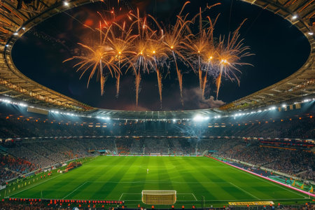Panoramic view of a lit stadium with a crowd and night sky fireworks.の素材