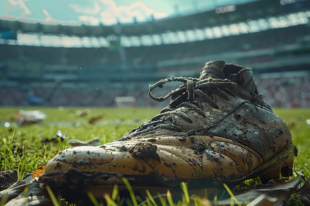Close-up of a muddy soccer boot on grass with blurred stadium in the background.の素材