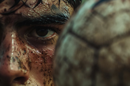 Close-up of a soccer player's intense gaze, face covered with rain.の素材