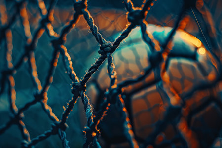 Macro shot of aged soccer ball texture caught in the netting of goal.の素材