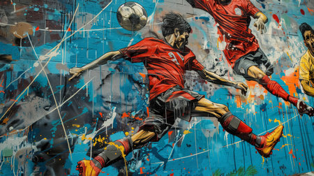 Street art mural of soccer players in action on a blue wall.の素材