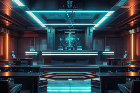 Sleek futuristic courtroom with metallic design and digital cryptocurrency transaction, highlighting bribe and transparency themes. Appropriate for conceptual imagery about law, technology, and corruption.の素材