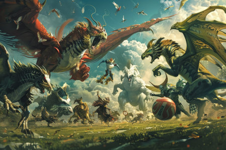 Two dragons fighting above a trophy in a fantasy landscape.の素材