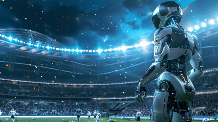 A robot soccer player positioned on the field in a futuristic stadium with a glowing ball.の素材