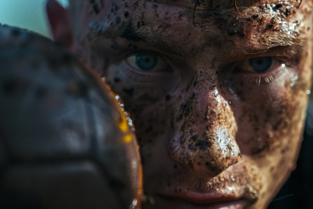 Close-up of a soccer player's intense gaze, face covered with rain.の素材