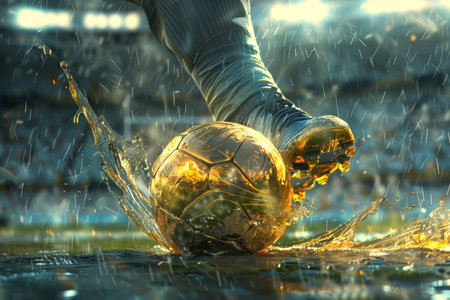 A golden soccer boot with sparkling effects and bokeh on the field. Sports and luxury concept. Design for poster, banner, advertisement.の素材
