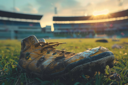 Close-up of a muddy soccer boot on grass with blurred stadium in the background.の素材