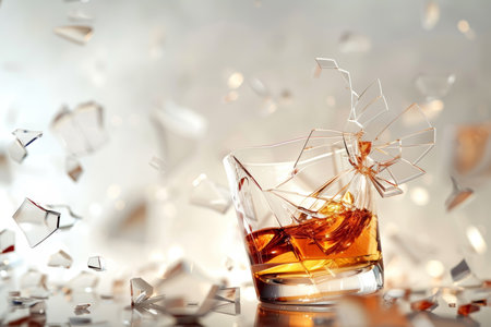 Shattered whiskey glass in art. Alcoholism impact concept for poster, banner, awareness campaigns.の素材