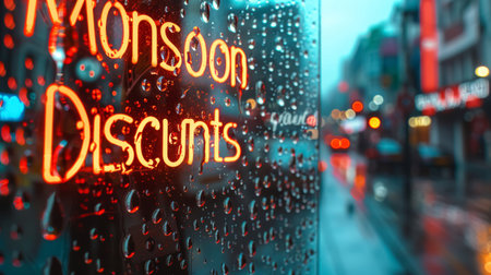 Wet window with streaming raindrops and neon shopping sign. Blurred monsoon cityscape. Retail and weather concept.の素材