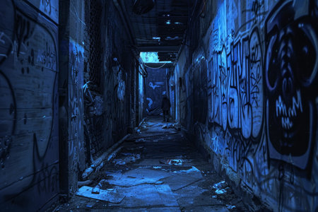 Urban alleyway at night, graffiti of distorted faces, shadowy figure lurking. Dark atmosphere concept.の素材