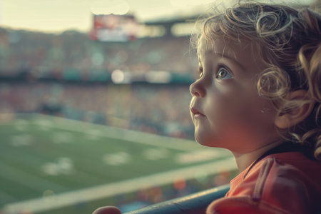 Young child with blue eyes intently watching a football game, expression full of hope and anticipation.の素材