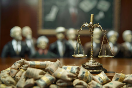 Courtroom with a golden scale unbalanced by money bags, diminishing justice. Blurred figures of judge and lawyers as symbols.の素材
