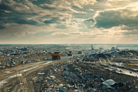 High-angle shot of landfill site with heavy machinery managing waste, cloudy sky overhead.の素材