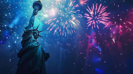 Abstract poster of the Statue of Liberty with a glowing torch, fireworks in dark blue sky. Independence Day celebration concept.の素材