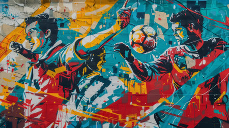 Street art mural of soccer players in action on a blue wall.の素材