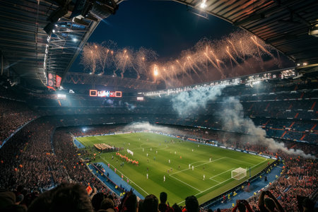 Panoramic view of a lit stadium with a crowd and night sky fireworks.の素材