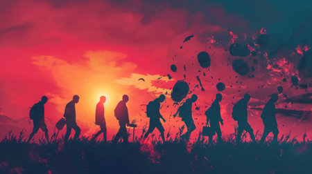 Silhouettes progressing towards a radiant horizon, discarding drug paraphernalia, symbolizing recovery.の素材