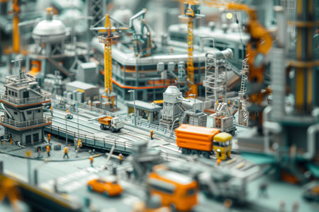 Macro shot of miniature futuristic city model. Architectural detail. Urban planning concept for design, poster, and wallpaper. Vibrant with vehicles, construction, people.の素材