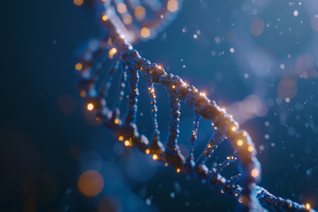 Close-up DNA double helix against dark blue background with neon lights. Science and discovery concept.の素材