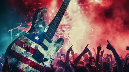 Rock concert crowd with American flag guitar on poster. Independence Day festival design for event poster, invitation, and banner.の素材