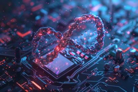 Digital DNA strand interlacing with a motherboard circuit. Concept of CRISPR and gene editing technology. High-tech biomedical research concept. Design suitable for articles and presentations.の素材