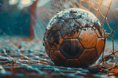 Macro shot of aged soccer ball texture caught in the netting of goal.の素材