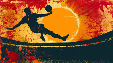 Silhouetted soccer player in mid-action with a vibrant orange backdrop.の素材