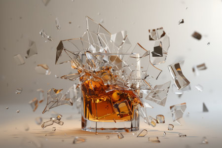 Shattered whiskey glass in art. Alcoholism impact concept for poster, banner, awareness campaigns.の素材