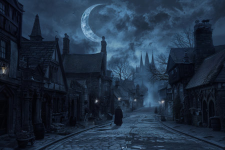 Midnight view of empty haunted village square under crescent moon, spectral figures appearing.の素材