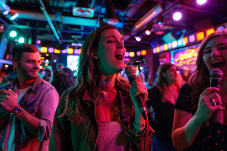 Group enjoying karaoke at a bar with colorful lighting. Lifestyle shot with focus on social interaction and entertainment.の素材