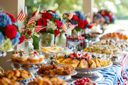 Lavish brunch buffet display for Independence Day with a variety of dishes and decorations.の素材