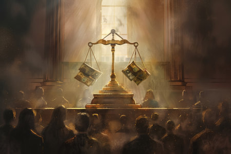 Artistic courtroom depiction with a golden scale and money, overshadowing justice. Faceless judge and lawyers emphasize systemic issues.の素材