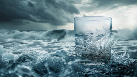 A cracked glass containing a tumultuous sea for an alcohol dependence awareness campaign poster design.の素材