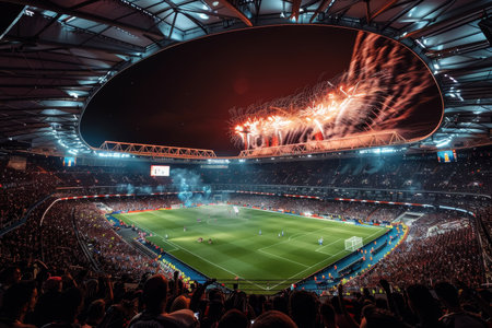 Panoramic view of a lit stadium with a crowd and night sky fireworks.の素材
