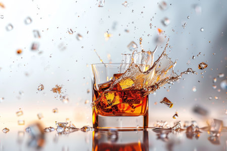 Shattered whiskey glass in art. Alcoholism impact concept for poster, banner, awareness campaigns.の素材