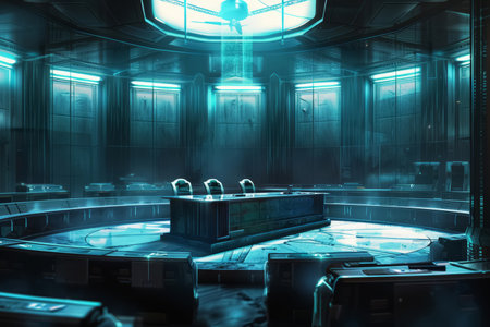 Sleek futuristic courtroom with metallic design and digital cryptocurrency transaction, highlighting bribe and transparency themes. Appropriate for conceptual imagery about law, technology, and corruption.の素材