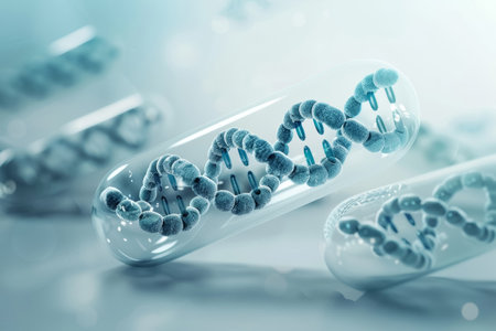 Capsule with DNA strand inside against a clinical white background. Modern representation of genetic medicine and therapy.の素材