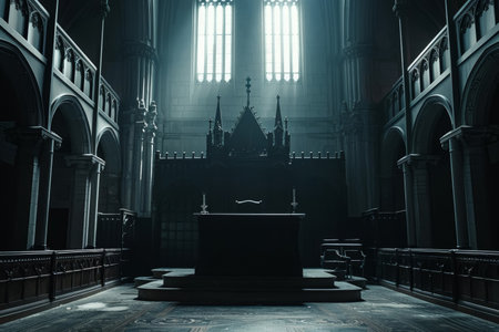 Gothic courtroom interior with exaggerated architectural features casting shadows over defendant area and light highlighting judge and prosecution. Concept of visual representation of bias. Suitable for backgrounds or themes about justice, law, and gothic architecture.の素材