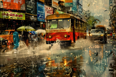 Digital collage depicting monsoon in cityscape with splashing, crowds, vendors, and sale ads.の素材