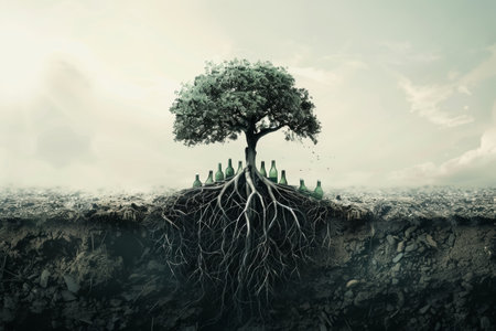 Tree with bottle-shaped roots growing towards the sky symbolizing recovery from addiction. Conceptual art piece.の素材