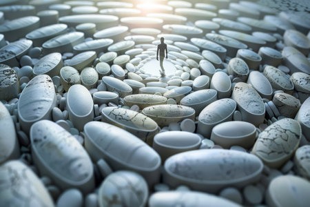 Person at the entrance of a pill labyrinth looking towards exit light. Represents the struggle and journey overcoming addiction. Powerful visual for health campaigns and awareness.の素材