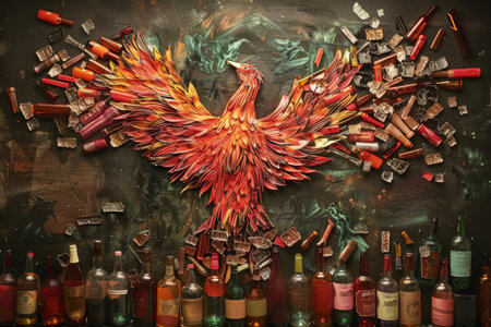 Fiery phoenix emerging from shattered alcohol bottles. Symbolic artwork. Concept of addiction recovery. Design for inspirational poster, banner.の素材