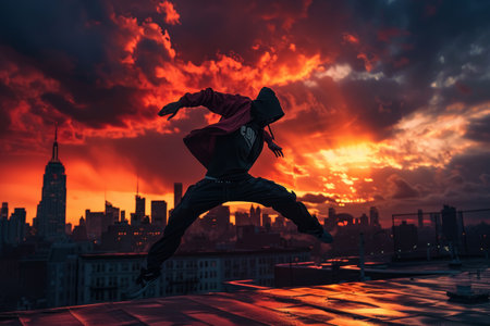 Silhouette of a hip hop dancer leaping against a city skyline at sunset. Dynamic urban dance concept with dramatic lighting and reflective surface.の素材